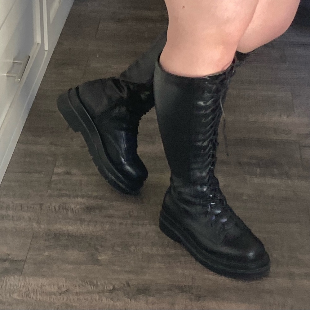 Black faux leather lace up knee high boots